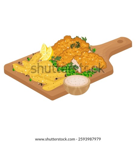 Vector Illustration Logo Clipart Fish and Chips With 
Tartar Sauce on a Wooden Plate