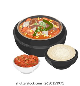 Clipart de logotipo ilustração de vetor Haejjanguk sopa coreana de ressaca em um tukbaegi com arroz e Kimchi