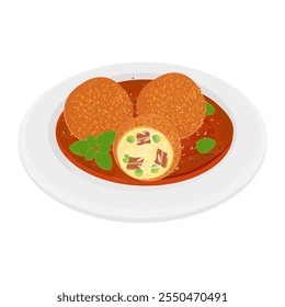 Vektor Illustration Logo Clipart hausgemachte arancini oder italienisch gebratene Reisbällchen mit Tomatensauce auf weißem Teller