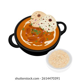 Vector Illustration Logo Clipart Indian Butter Chicken or Chicken Makhani with Naan Bread and Rice