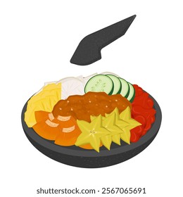 Vector Illustration Logo Clipart indonesian street food Rujak buah on a cobek with Spicy brown sauce