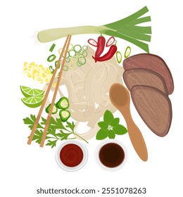 Clipart de logotipo de ilustração de vetor Ingredientes de macarrão de arroz vietnamita com macarrão de carne de boi ou Pho bo