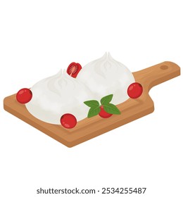 Clipart de logotipo de ilustração de vetor Queijo italiano Burrata com tomates e manjericão em uma placa de madeira 