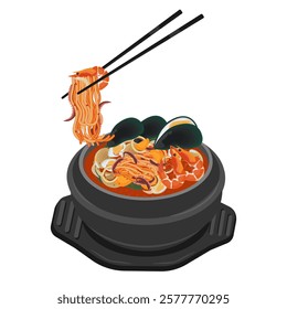 Vector Illustration Logo Clipart Jjamppong Korean Spicy Seafood Noodle Soup on a Ttukbaegi 