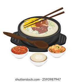 Vector Illustration Logo Clipart Korean Food Gomtang or Beef Bone Soup with Rice and Kimchi