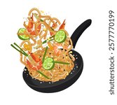 Vector Illustration Logo Clipart Levitation Cooking Pad Thai on a Pan
