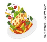 Vector Illustration Logo Clipart Levitation Chicken Parmesan or chicken parmigiana with potato and Vegetables salad