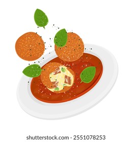 Vektorgrafik Logo Clipart Levitation arancini gebratene Reisbälle mit Tomatensauce 