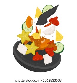 Vector Illustration Logo Clipart Levitation indonesian street food Rujak buah lutis buah or lotis buah on a cobek with Spicy brown sauce