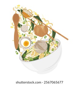 Vector Illustration Logo Clipart Levitation Bakso komplit or indonesian meatballs soup