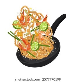 Vector Illustration Logo Clipart Levitation Cooking Pad Thai on a Pan