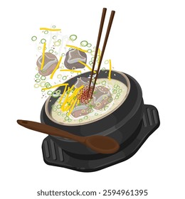 Vector Illustration Logo Clipart Levitation Gomtang Korean Beef bone Soup on a Ttukbaegi