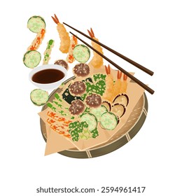 Vector Illustration Logo Clipart Levitation Tempura Shrimp and Tempura Vegetables or Kakiage