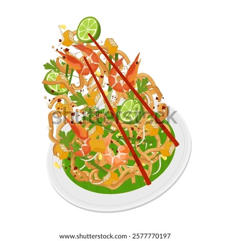 Vector Illustration Logo Clipart Levitation Shrimp Pad Thai Phad Thai 