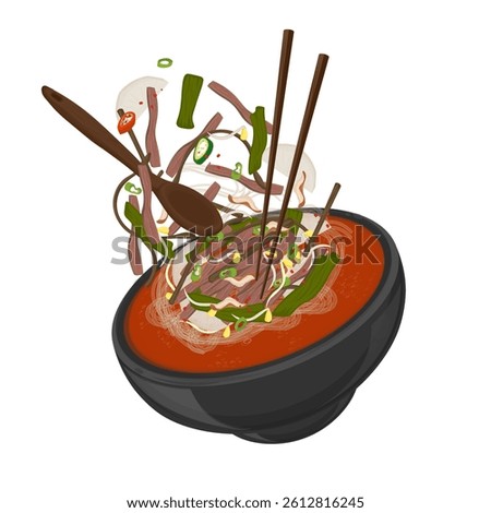 Vector Illustration Logo Clipart Levitation Yukgaejang Spicy Beef Soup with Vegetables