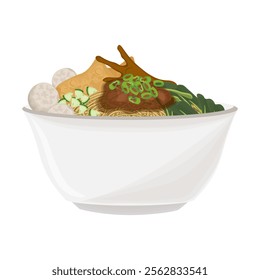 Vector Illustration Logo Clipart Mie ayam bakso or Indonesian Chicken noodle soup with Meatball on a white bowl