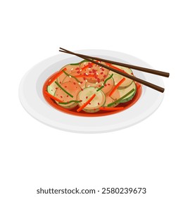 Vector Illustration Logo Clipart Oi Sobagi or Cucumber Pickled Kimchi on a White Plate