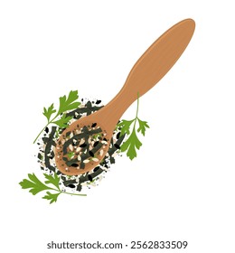 Vector Illustration Logo Clipart Organic Furikake Flakes on a wooden spoon