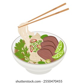 Vector Illustration Logo Clipart Ready to eat Vietnamese rice noodles with beef or Pho Noodles Pho bo