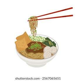 Vector Illustration Logo Clipart Ready to eat Mie Ayam Bakso Komplit or Indonesian Chicken Noodle soup with Meatball