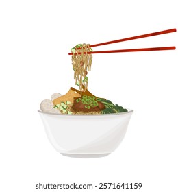 Vector Illustration Logo Clipart Ready to eat Mie ayam bakso or Indonesian Chicken Noodles with meatball and Chopstick