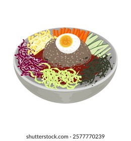 Vector Illustration Logo Clipart Ready to Eat Makguksu Korean spicy Cold Noodles On a Bowl