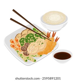 Vector Illustration Logo Clipart Ready to eat Tempura Shrimp and Tempura Vegetables or Kakiage With Rice and Soy sauce