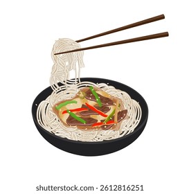 Vector Illustration Logo Clipart Ready to eat Laghman Noodles with Chopstick 