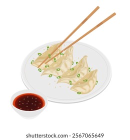 Vector Illustration Logo Clipart Steamed gyoza or jiaozi dumpling on a white plate