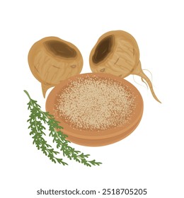 Clipart de logotipo de ilustração de vetor Superfood Lepidium meyenii ou raízes de maca com pó de raízes de maca