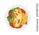 Vector Illustration Logo Clipart Top View Chicken Parmesan or chicken parmigiana with potato and Vegetables salad