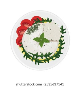 Vetor ilustração logotipo Clipart vista superior italiano Burrata queijo com legumes Salada