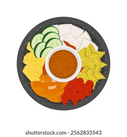 Vector Illustration Logo Clipart Top View Sliced tropical fruits on a Cobek with Spicy brown sugar rujak buah or lotis buah lutis buah