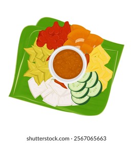 Vector Illustration Logo Clipart Top View Traditional Indonesian Fruit salad with Spicy brown sugar sauce Rujak buah or lotis buah lutis buah