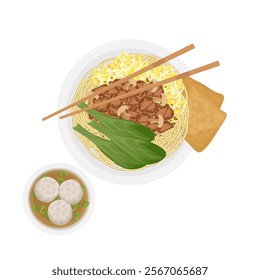 Vector Illustration Logo Clipart Top View Mie ayam Bangka or Indonesian Chicken noodles soup with bakso Kuah