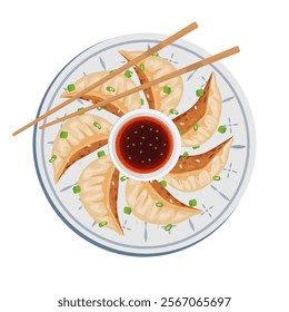 Vector Illustration Logo Clipart Top View Grilled gyoza or Jiaozi dumpling with separate chili oil