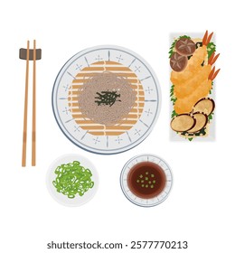 Vector Illustration Logo Clipart Top View Cold Tenzaru Soba with Tempura Shrimp Kakiage on a White Bowl