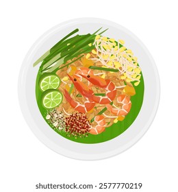 Vector Illustration Logo Clipart Top View Pad Thai Stir Fried Rice Noodles on a Plate