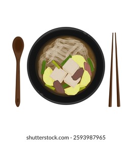 Vector Illustration Logo Clipart Top View Korean Food Gamjaguk With Chopstick and Spoon