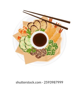 Vector Illustration Logo Clipart Top View Tempura Shrimp and Tempura Vegetables or kakiage With Chopstick 