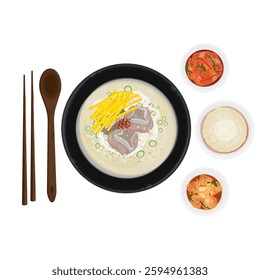 Vector Illustration Logo Clipart Top View Korean Cuisine Gomtang with Rice and Kimchi