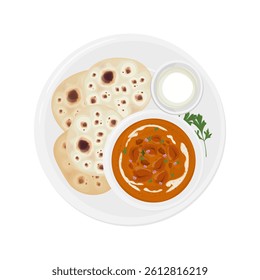 Vector Illustration Logo Clipart Top View Indian Butter Chicken or Tikka Masala with Naan Bread