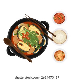 Vector Illustration Logo Clipart Top View Maeuntang Spicy Korean Fish Soup with Kimchi and Rice