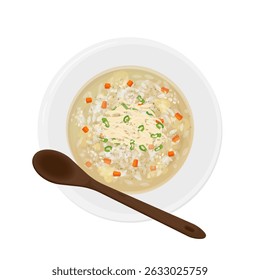 Vector Illustration logo Clipart Top View Ready to eat Dakjuk Korean Chicken Rice Porridge on a Plate