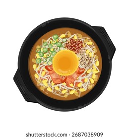 Vector Illustration Logo Clipart Top View Kongnamul Gukbap with yolk on a Ttukbaegi
