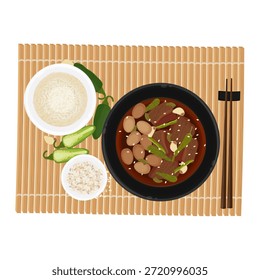 Vektorgrafik Logo Clipart Draufsicht Köstliches Jangjorim oder Jang Jorim Koreanisches Soja geschmortes Rindfleisch 