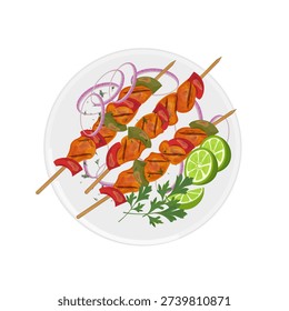 Vector Illustration logo Clipart Top View Chicken Tikka or Spiced Chicken Skewers Murg Tikka