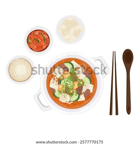 Vector Illustration Logo Clipart Top View Korean Silken Tofu Soup or Doenjang Jjigae With Kimchi
