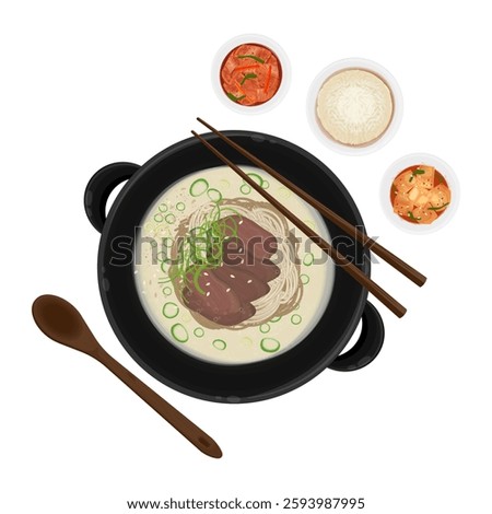 Vector Illustration Logo Clipart Top View Seolleongtang  Traditional Korean Beef Bone Soup With Rice and Side Dish