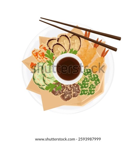 Vector Illustration Logo Clipart Top View Tempura Shrimp and Tempura Vegetables or kakiage With Chopstick 